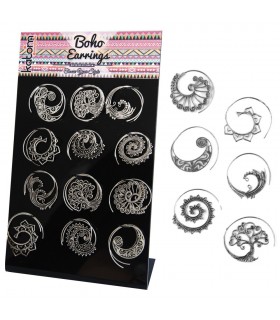 Boho silver spiral earrings display - BESS