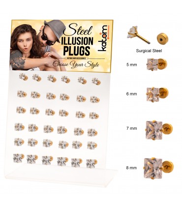 Falsas dilataciones acero dorado con circonita cuadrada - IP1555-36SQG