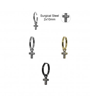 Steel hoops with bling cross pendant - ARO64D
